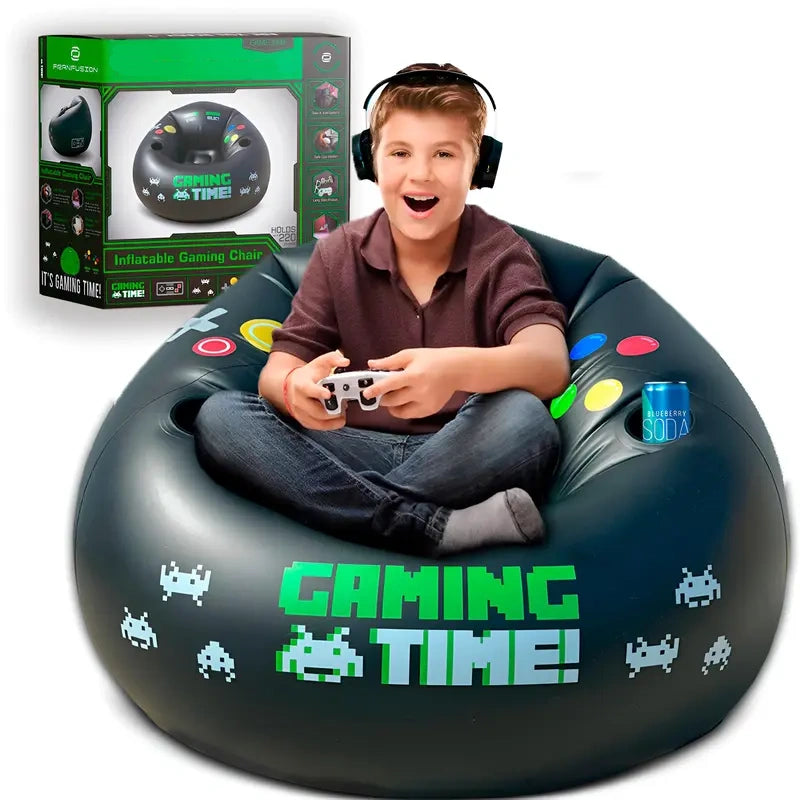 Inflatable game chair for children and teens, with cup holders and side pockets