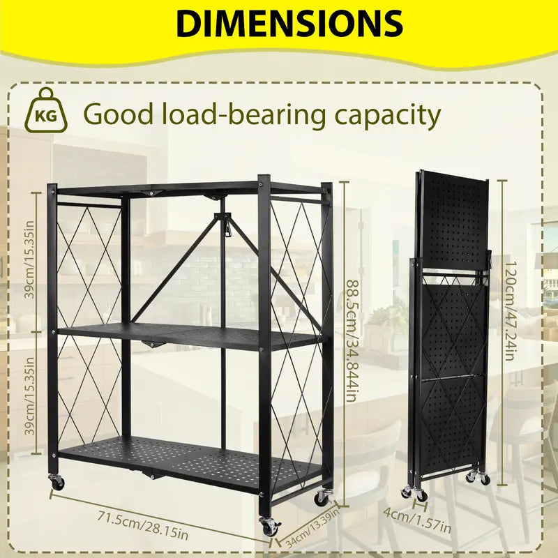 Three-Tier Folding Storage Rack with Casters: Ideal for kitchens, garages, basements, or pantries