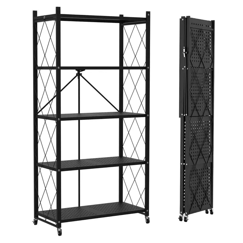 Three-Tier Folding Storage Rack with Casters: Ideal for kitchens, garages, basements, or pantries