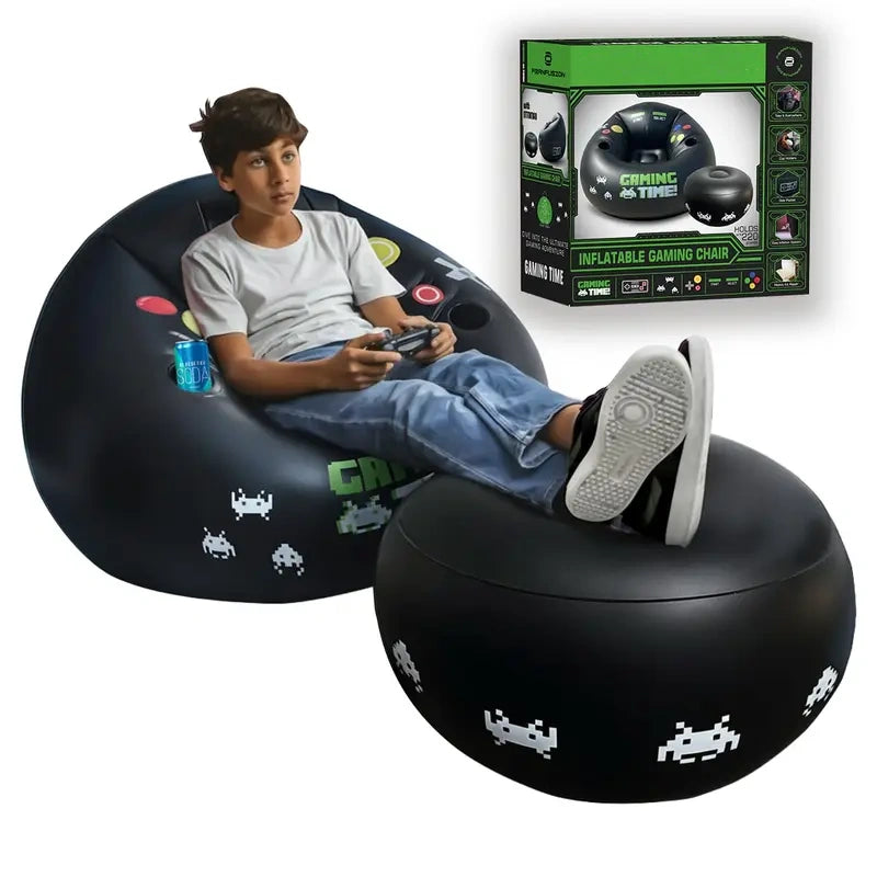 Inflatable game chair for children and teens, with cup holders and side pockets