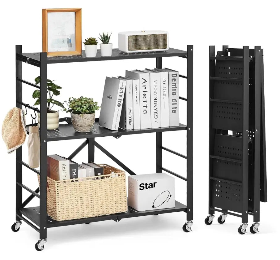 Three-Tier Folding Storage Rack with Casters: Ideal for kitchens, garages, basements, or pantries