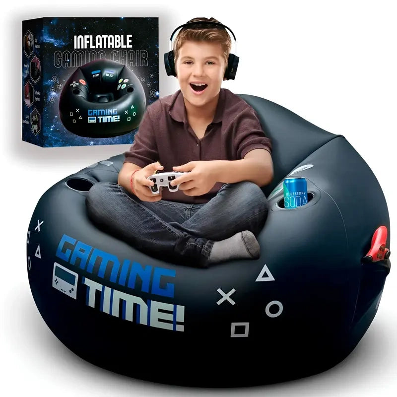 Inflatable game chair for children and teens, with cup holders and side pockets
