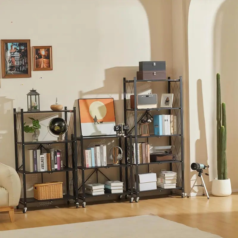 Three-Tier Folding Storage Rack with Casters: Ideal for kitchens, garages, basements, or pantries