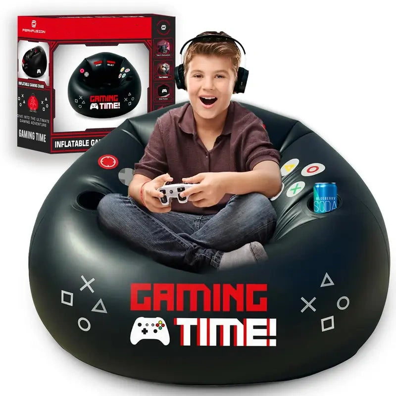 Inflatable game chair for children and teens, with cup holders and side pockets