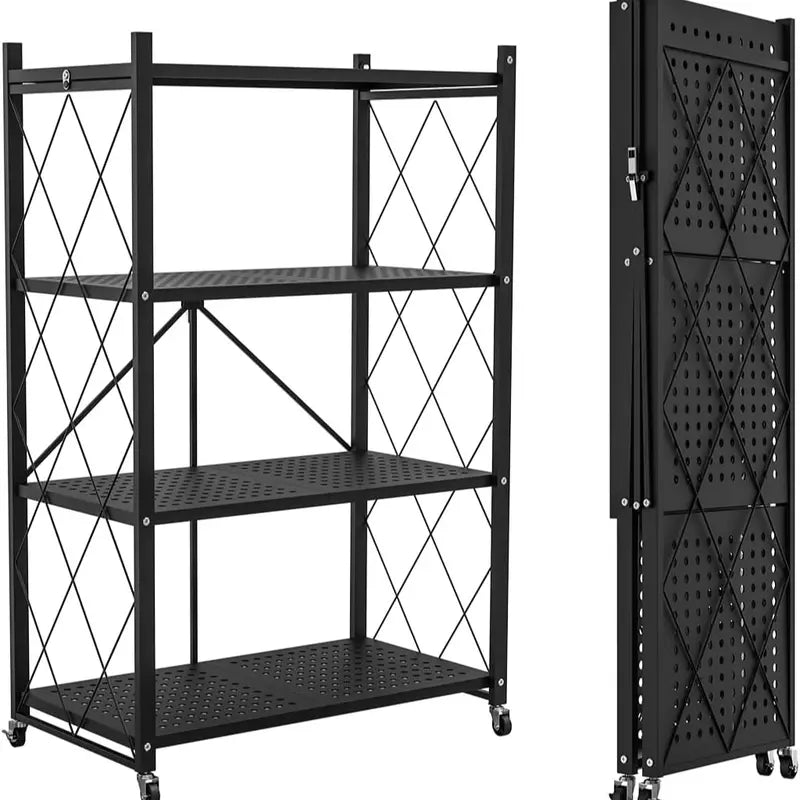 Three-Tier Folding Storage Rack with Casters: Ideal for kitchens, garages, basements, or pantries
