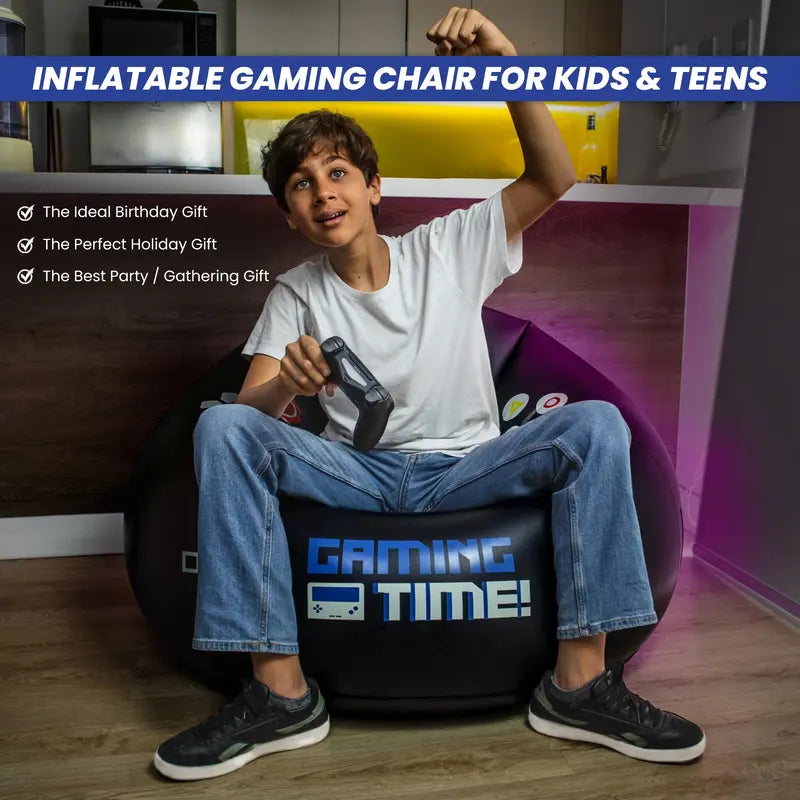 Inflatable game chair for children and teens, with cup holders and side pockets