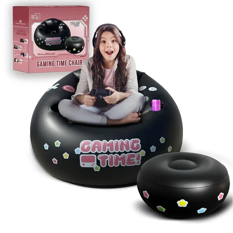 Inflatable game chair for children and teens, with cup holders and side pockets