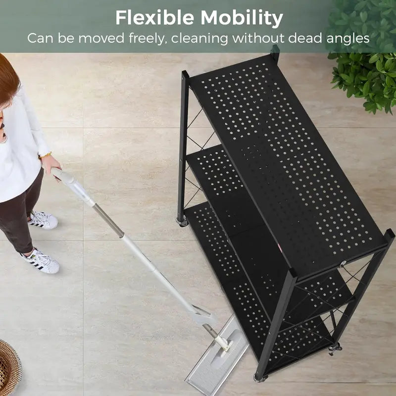 Three-Tier Folding Storage Rack with Casters: Ideal for kitchens, garages, basements, or pantries
