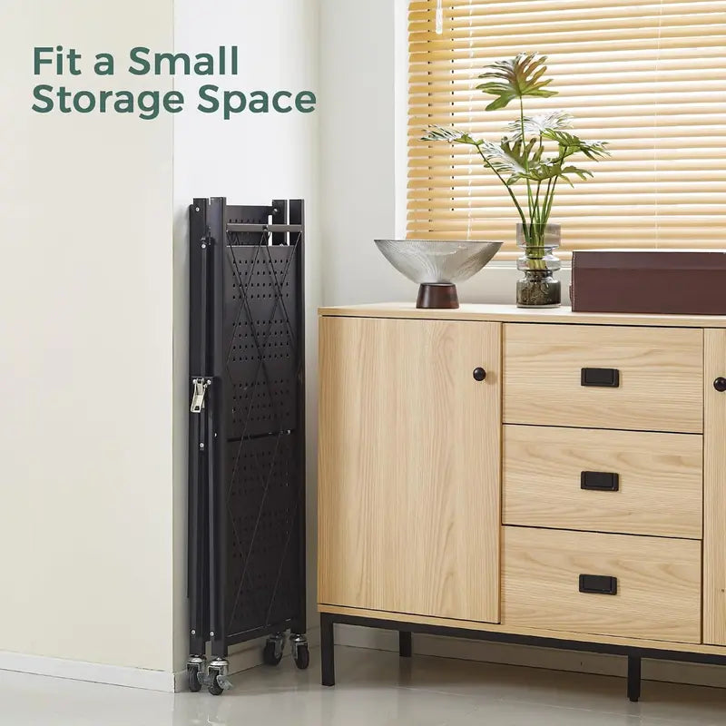 Three-Tier Folding Storage Rack with Casters: Ideal for kitchens, garages, basements, or pantries
